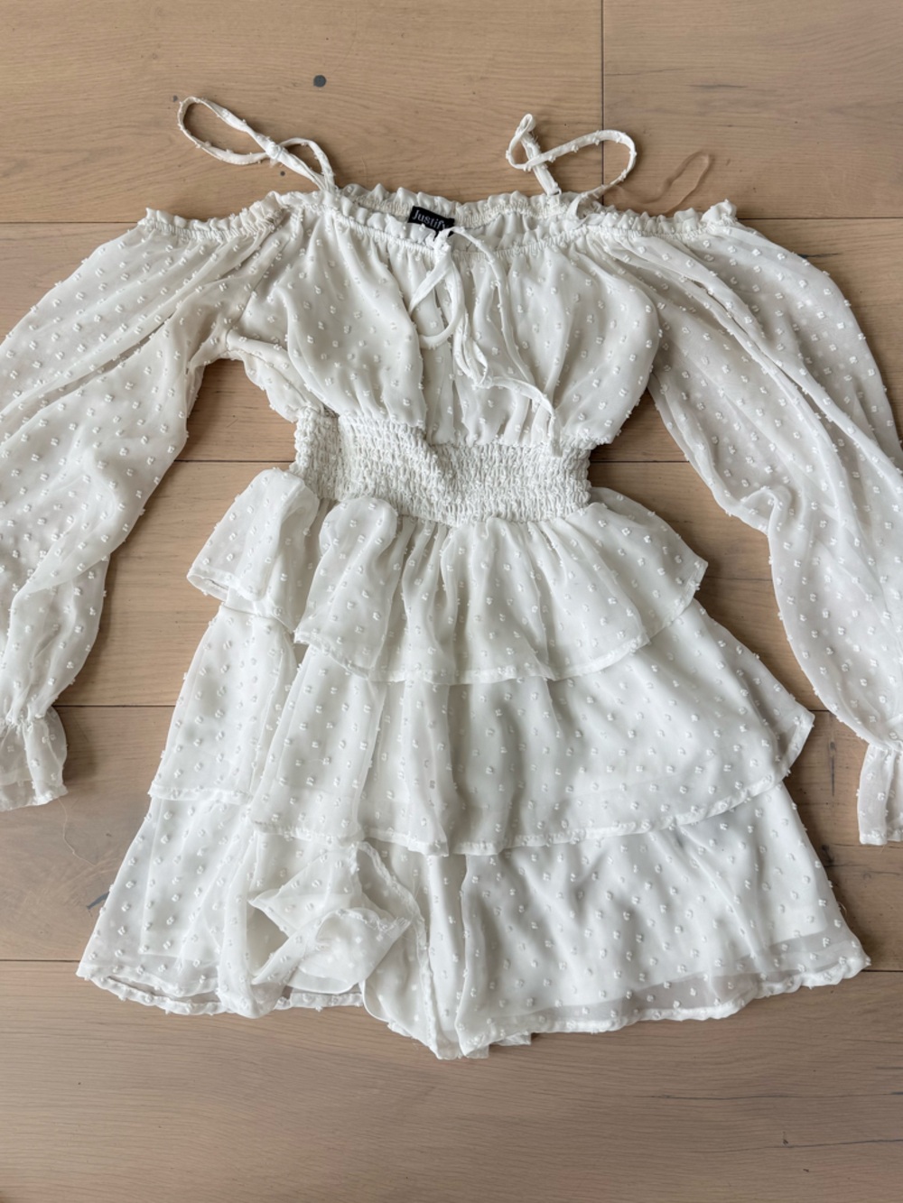 White Swiss Dot Smocked Waist Peasant Dress